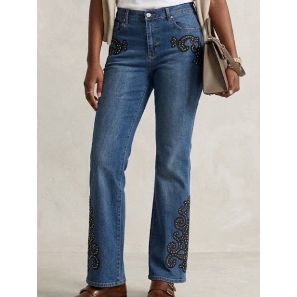 DG2 Diane Gilman Western Embellished Studded Scroll Bootcut Flare Jeans Size 8